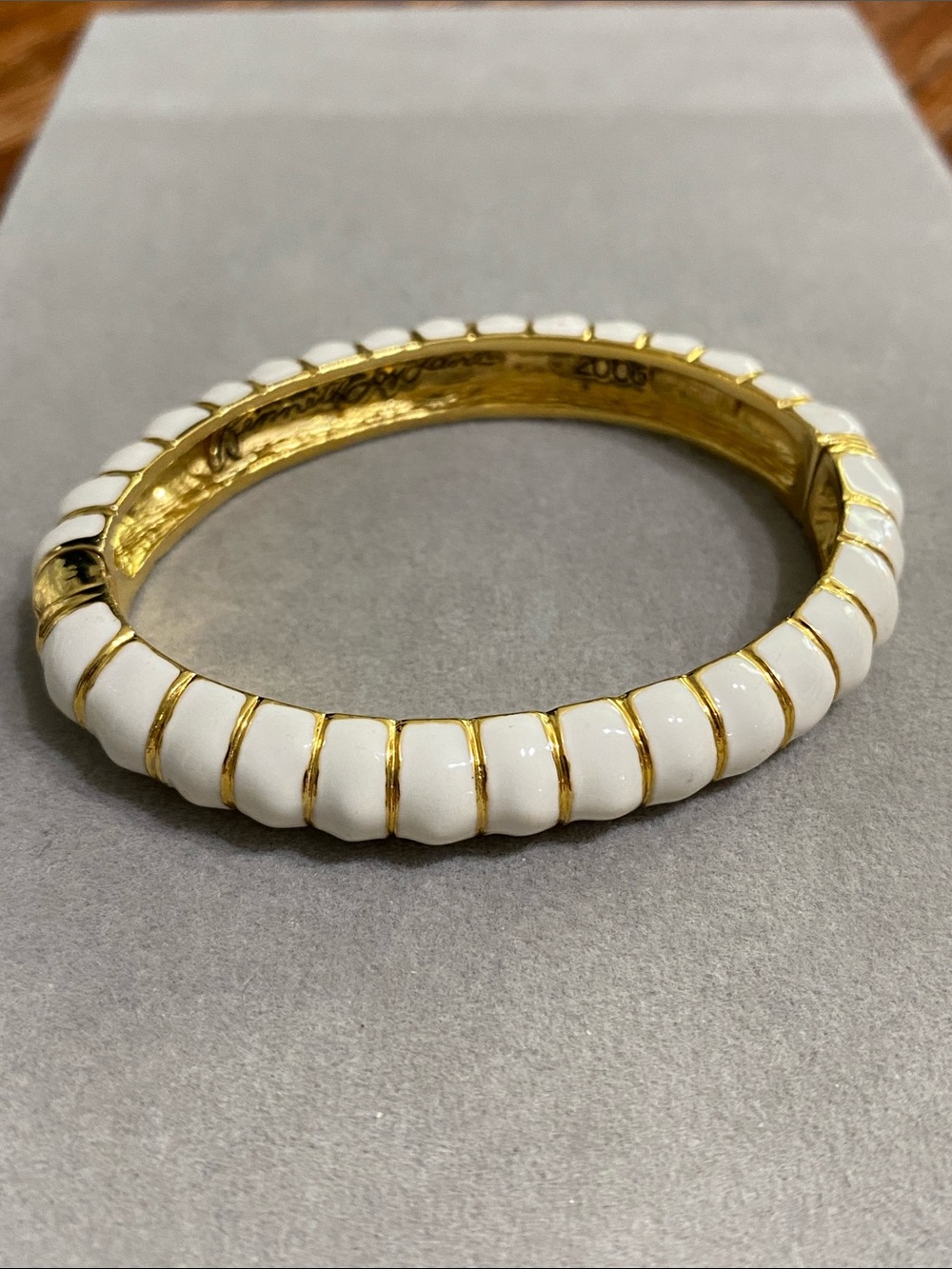 Kenneth Jay Lane White and Gold Ribbed Enamel Bangle